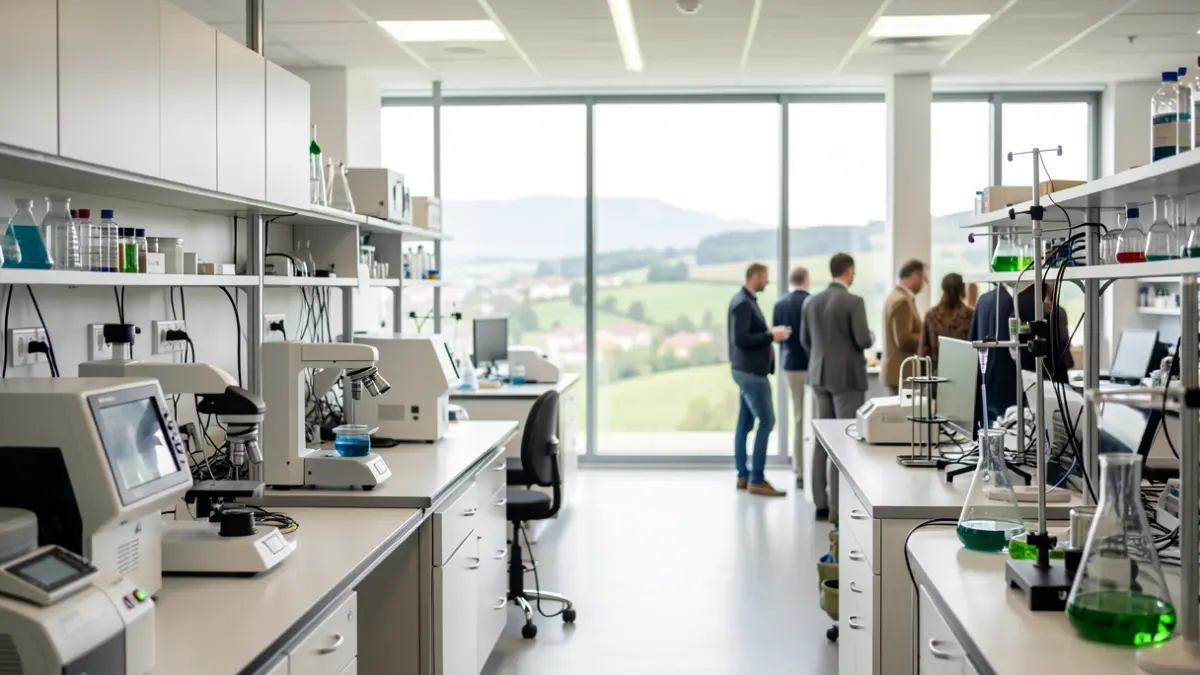 Imaxe xenérica dun laboratorio moderno con equipamento científico avanzado e unha vista borrosa dunha paisaxe galega.