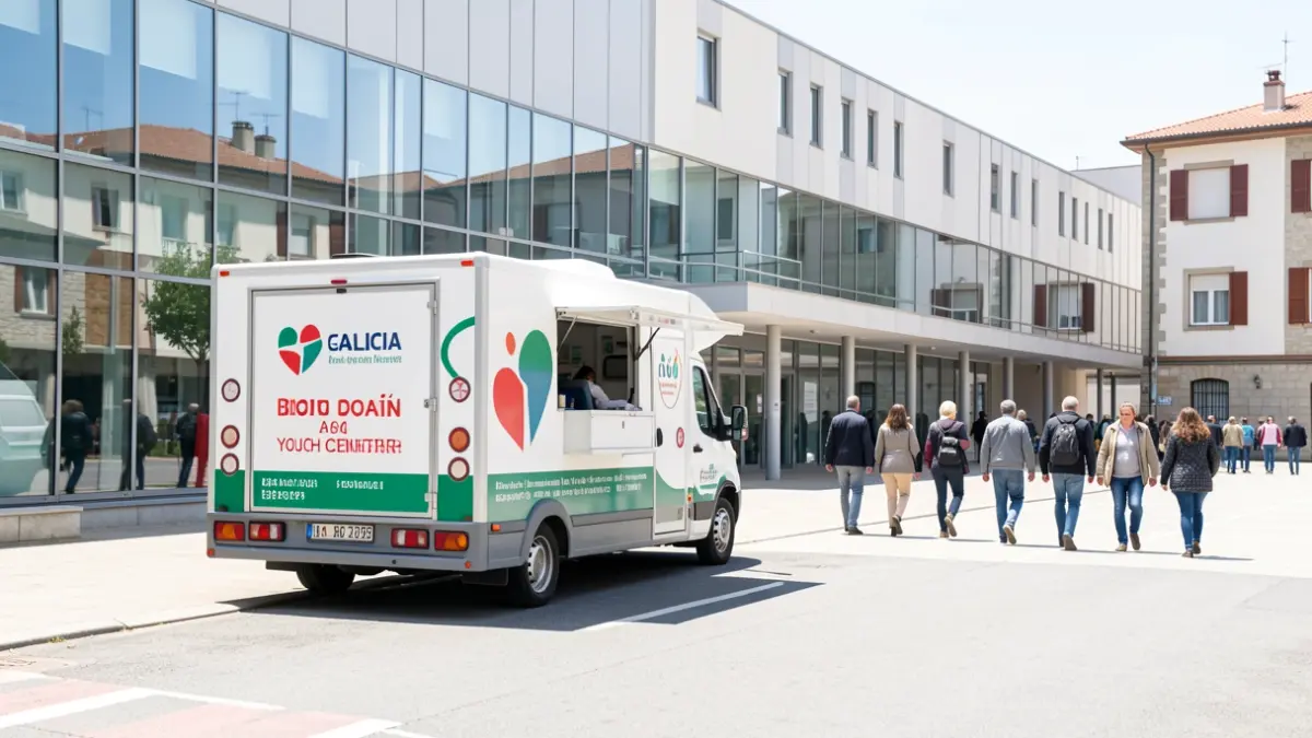 Unidade móbil de doazón de sangue diante da Casa da Xuventude en Sada.
