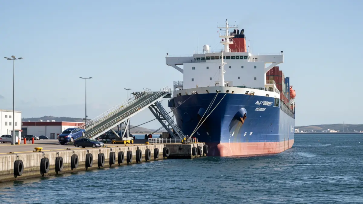 Imagen de un buque de carga 'Anji Forever' atracado en el puerto exterior de Ferrol, con la rampa bajada y coches siendo descargados.