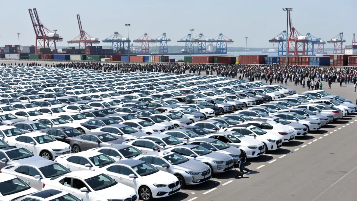 Imagen genérica de cientos de carrocerías de coches alineadas en una campa portuaria.