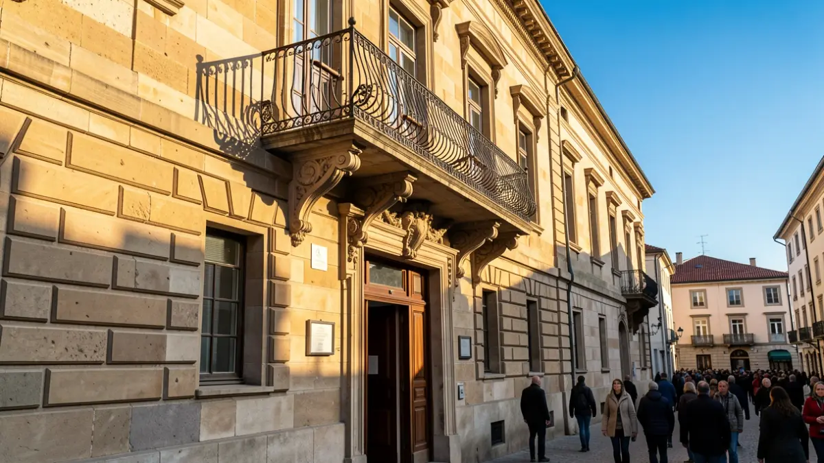 Imaxe xenérica dun concello de pedra galego con balcón ornamentado e raís de ferro, luz solar cálida da tarde, ceo azul.
