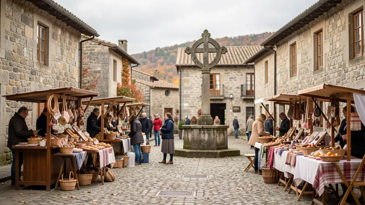 Imagen genérica de una plaza de aldea gallega tradicional con edificios de granito, un cruceiro y puestos de artesanía y comida.