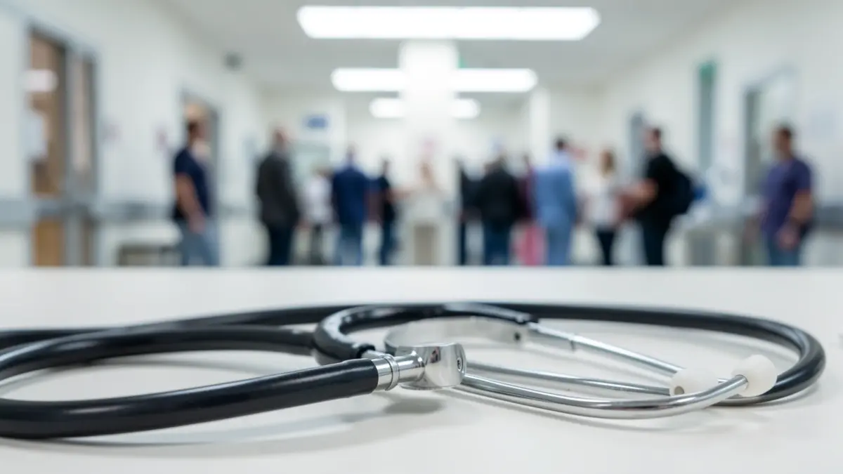Imagen genérica de un estetoscopio sobre un fondo borroso de una sala de urgencias hospitalaria.