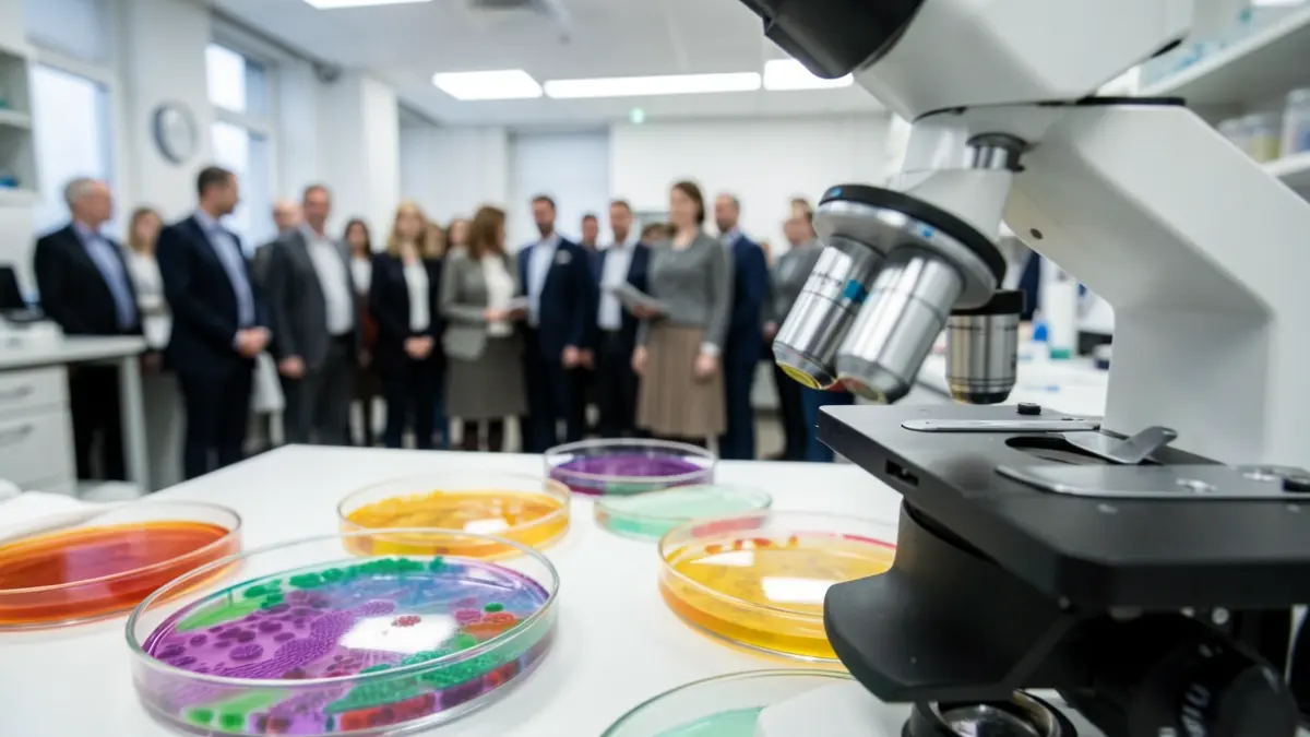 Primera imagen de un microscopio y placas de cultivo con bacterias en un laboratorio.