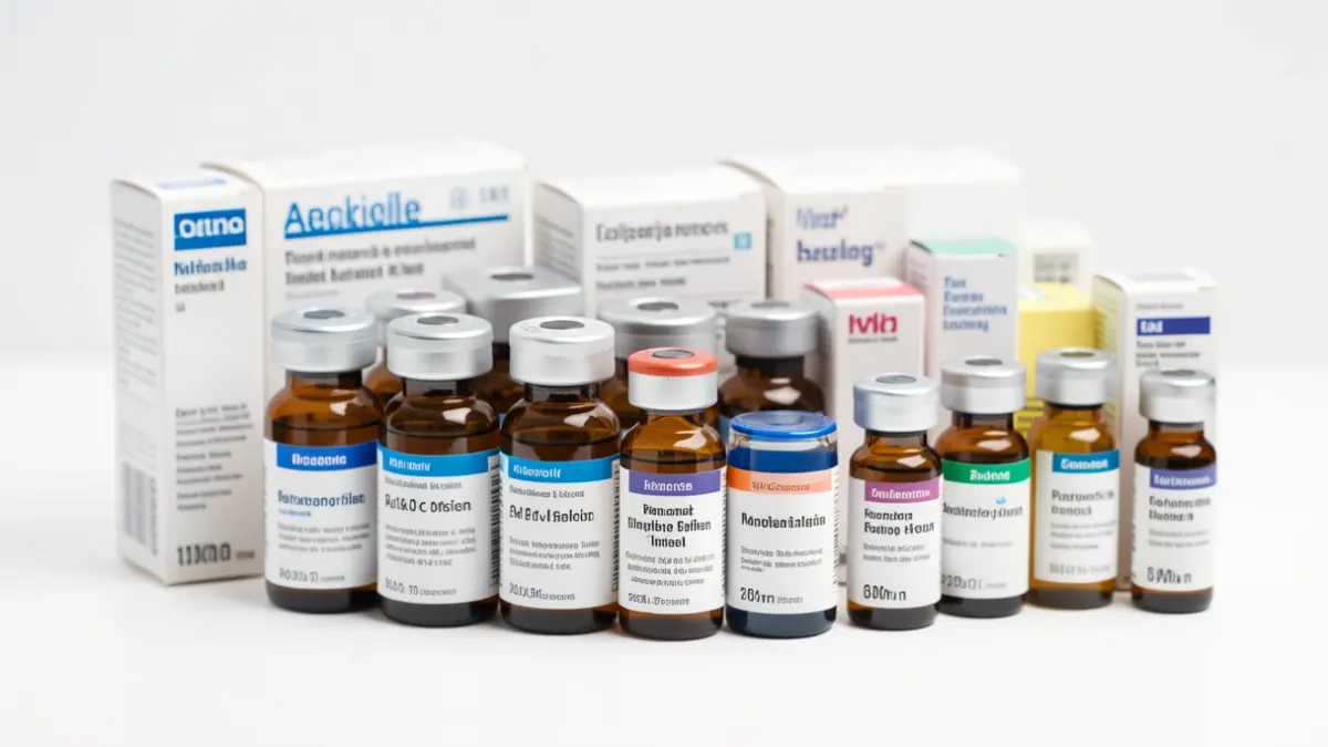 Imagen genérica de frascos de medicamentos y cajas sobre fondo blanco.