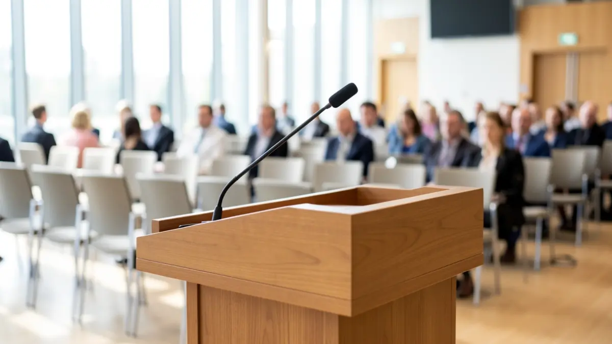 Imaxe xenérica dun podio con micrófono nunha sala de conferencias.