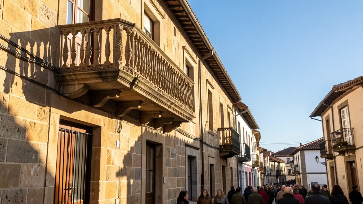 Fachada de pedra dun edificio histórico en Galicia con balcón ornamentado.