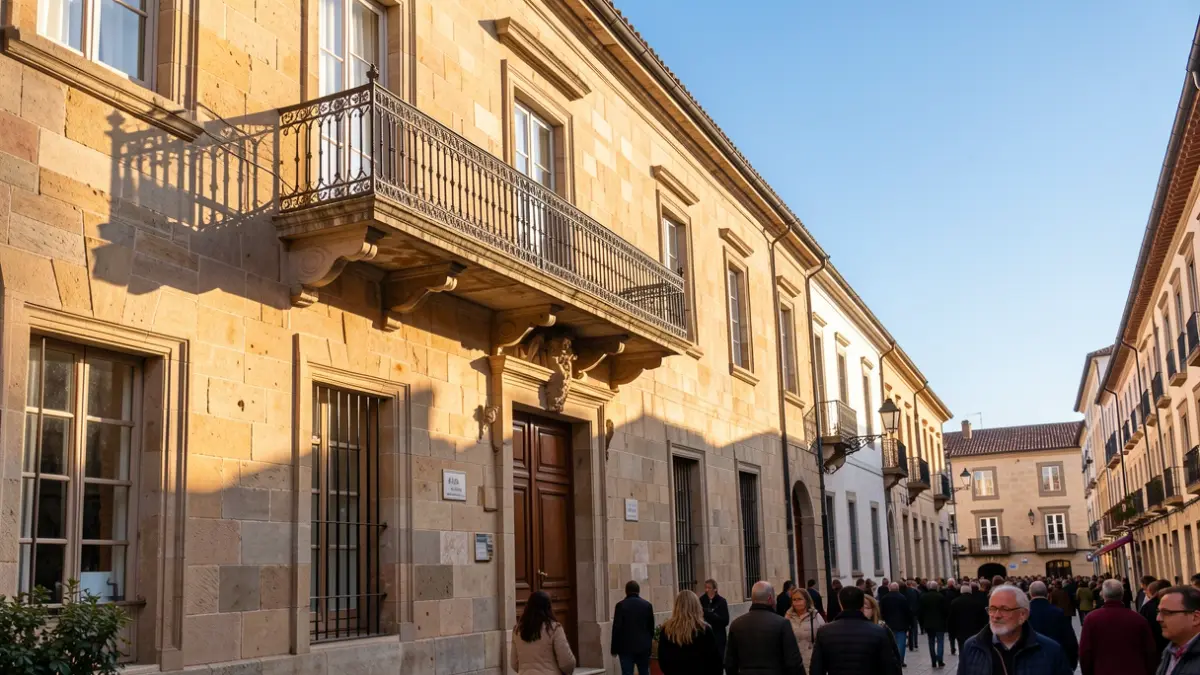 Imagen genérica de un ayuntamiento de piedra gallego con balcón de hierro y luz de tarde.