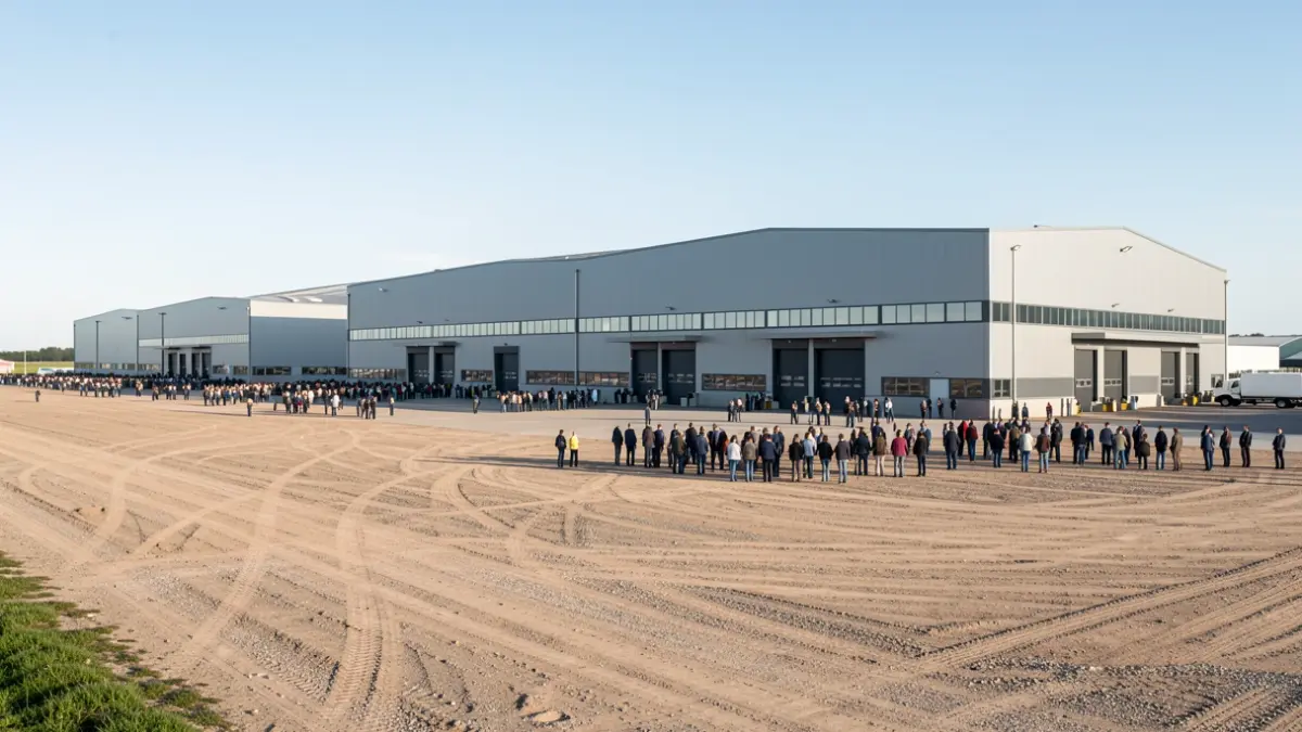 Imaxe xenérica de naves industriais con terreos adxacentes, suxerindo ampliación e mellora da capacidade produtiva.