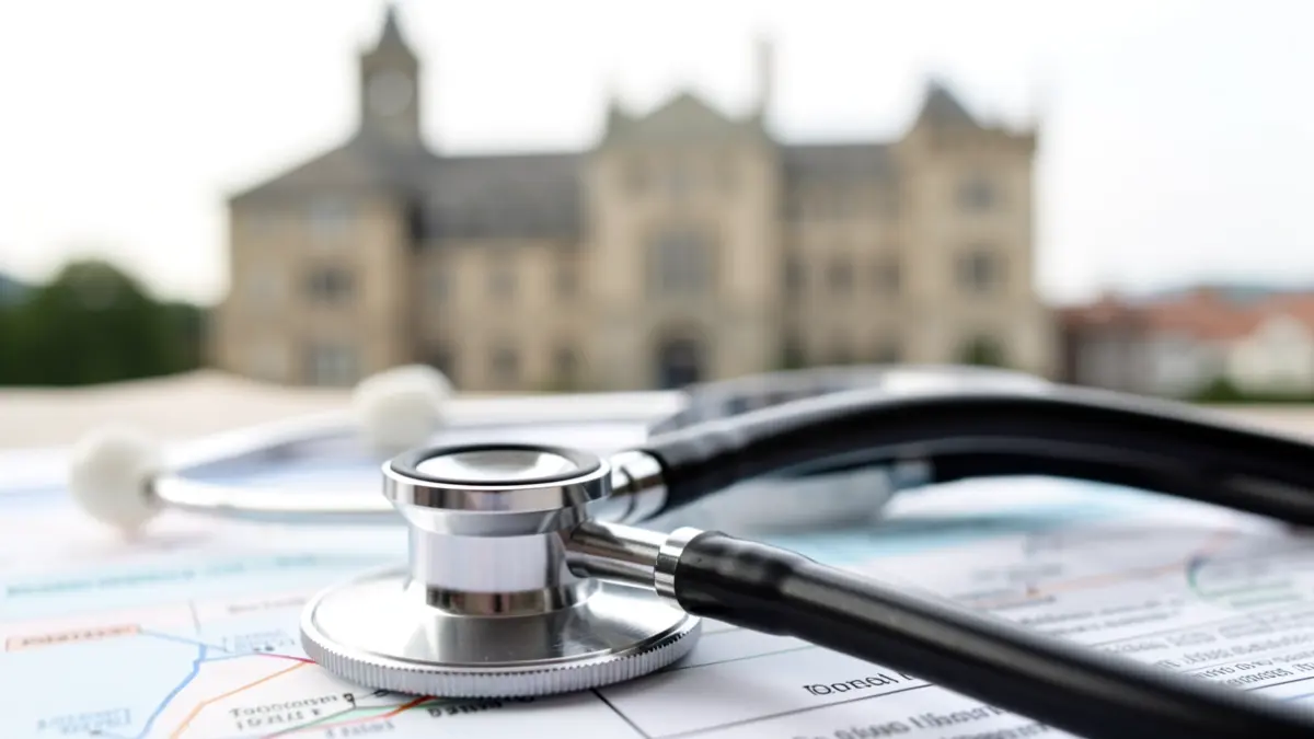 Imaxe xenérica dun estetoscopio sobre documentos médicos, con fondo borroso dun hospital galego.