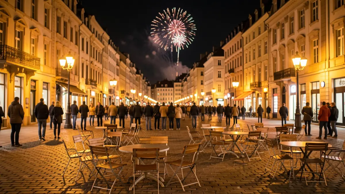 Imaxe xenérica dunha praza urbana pola noite con luces de Nadal e fogos artificiais ao lonxe.