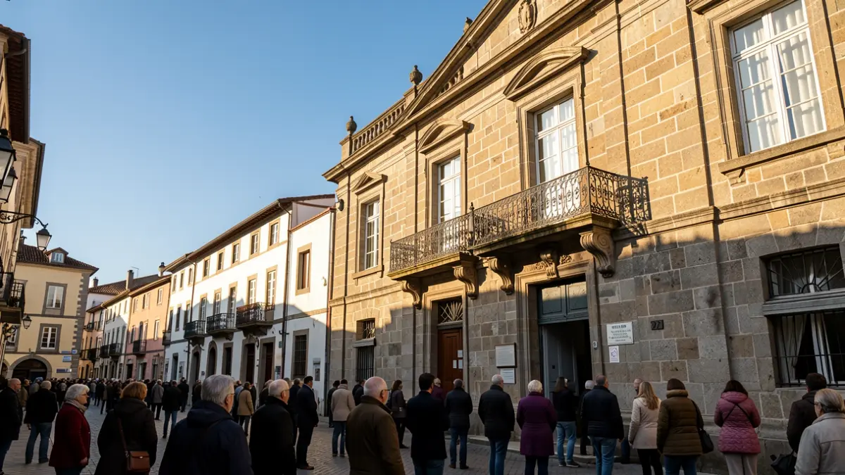 Imagen genérica de un ayuntamiento de piedra gallego con balcón de hierro, a la luz del sol de la tarde.
