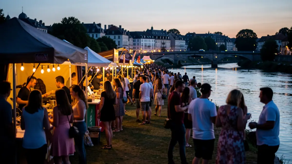 Imaxe xenérica dun festival ao aire libre á beira dun río con xente e postos de comida.