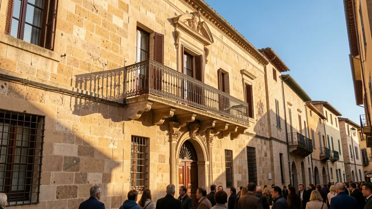 Fachada de pedra dun edificio consistorial con balcóns de ferro baixo a luz do sol.