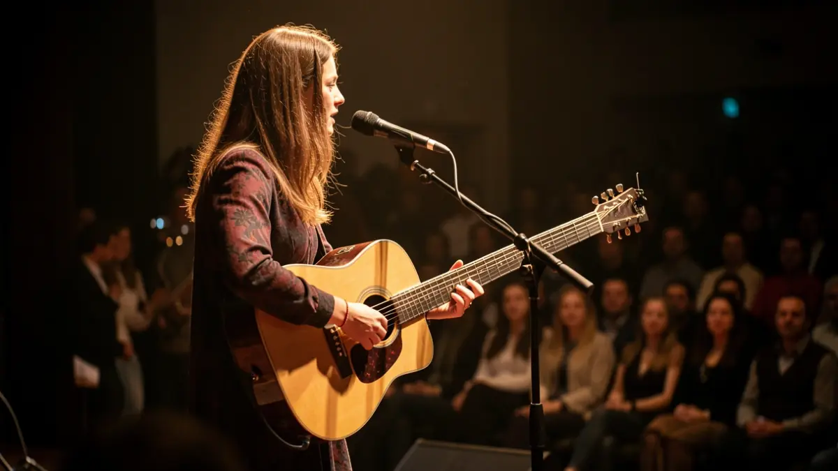 Imaxe dunha cantante soa cunha guitarra nun escenario con pouca luz.