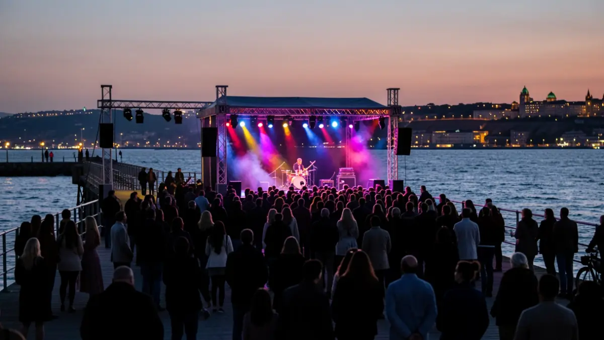 Imaxe xenérica dun festival de música ao aire libre nun peirao con vistas ao mar ao anoitecer.