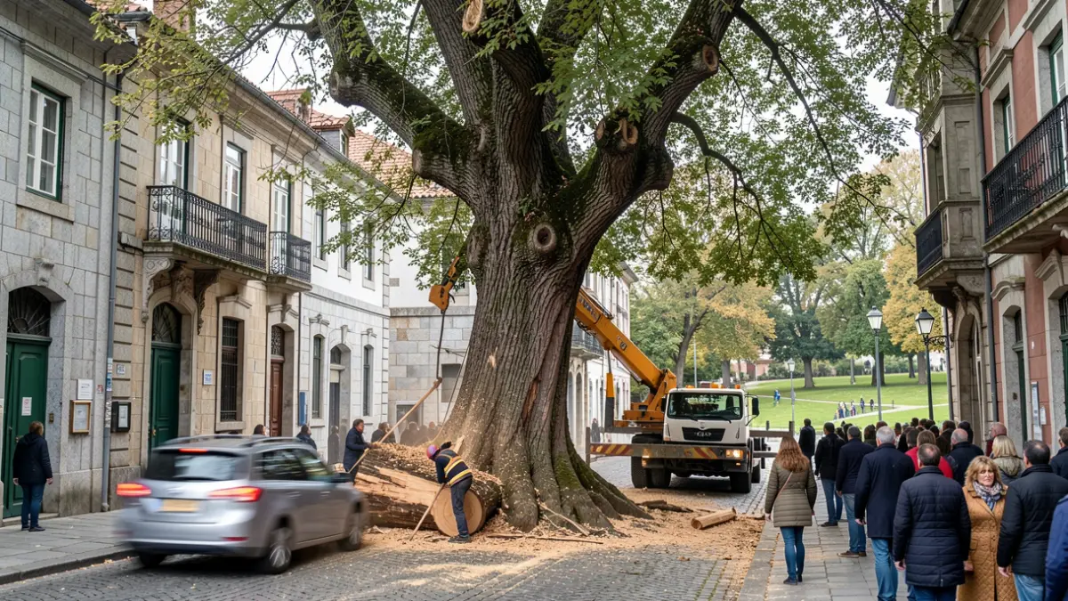 Imagen de un árbol siendo talado en una calle de Lugo cerca de un parque.