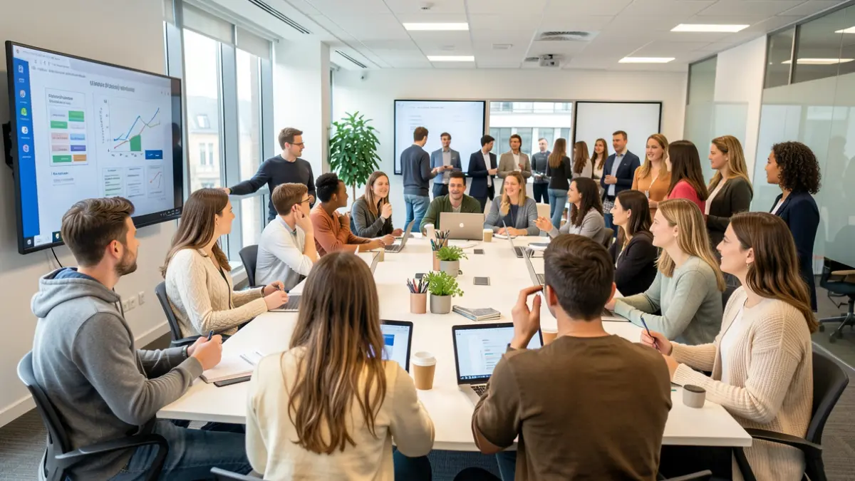 Imaxe xenérica de estudantes e profesionais nunha sala de conferencias moderna, con proxectos presentados e ambiente de networking.