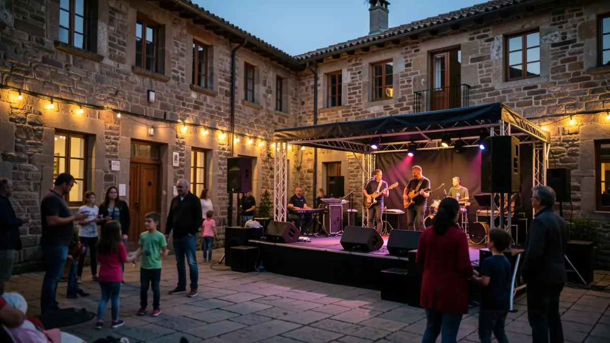 Imagen genérica de una plaza gallega con escenario y público a la luz del crepúsculo.