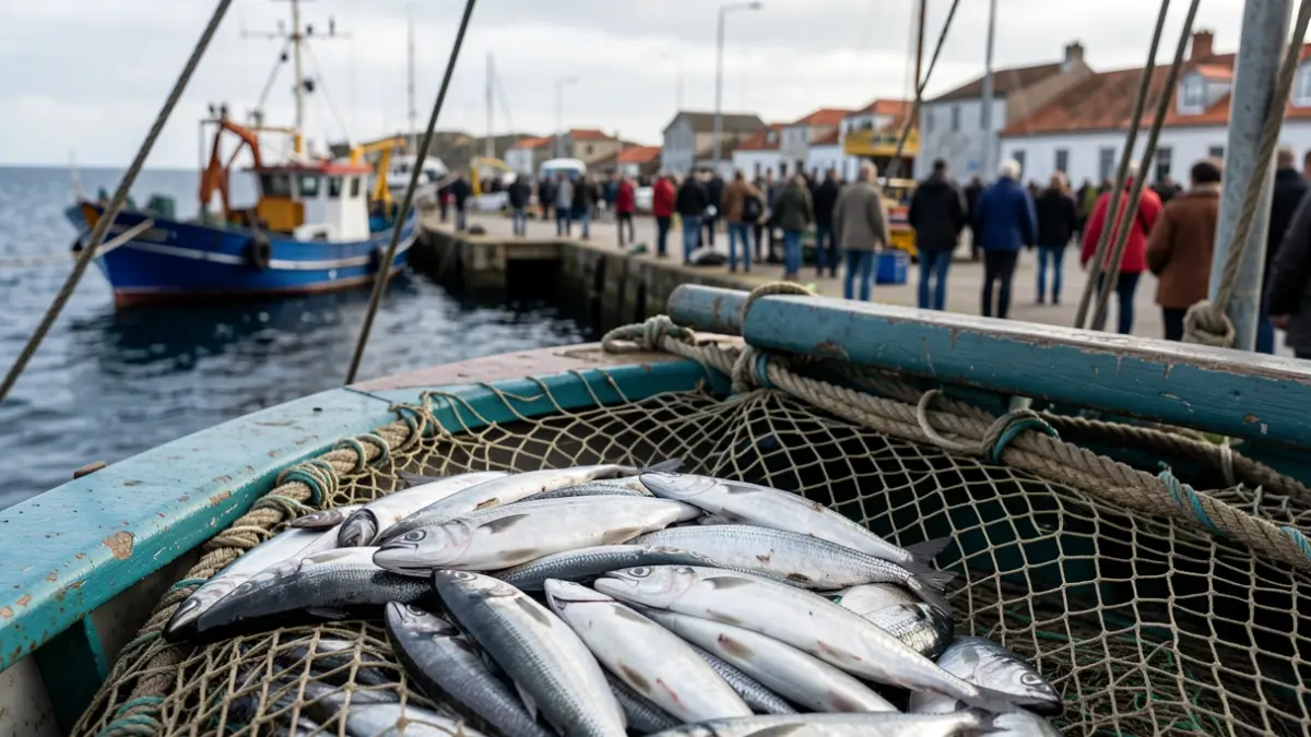 Primer plano de una red de pesca con pescado fresco, con puerto pesquero gallego y Océano Atlántico al fondo.