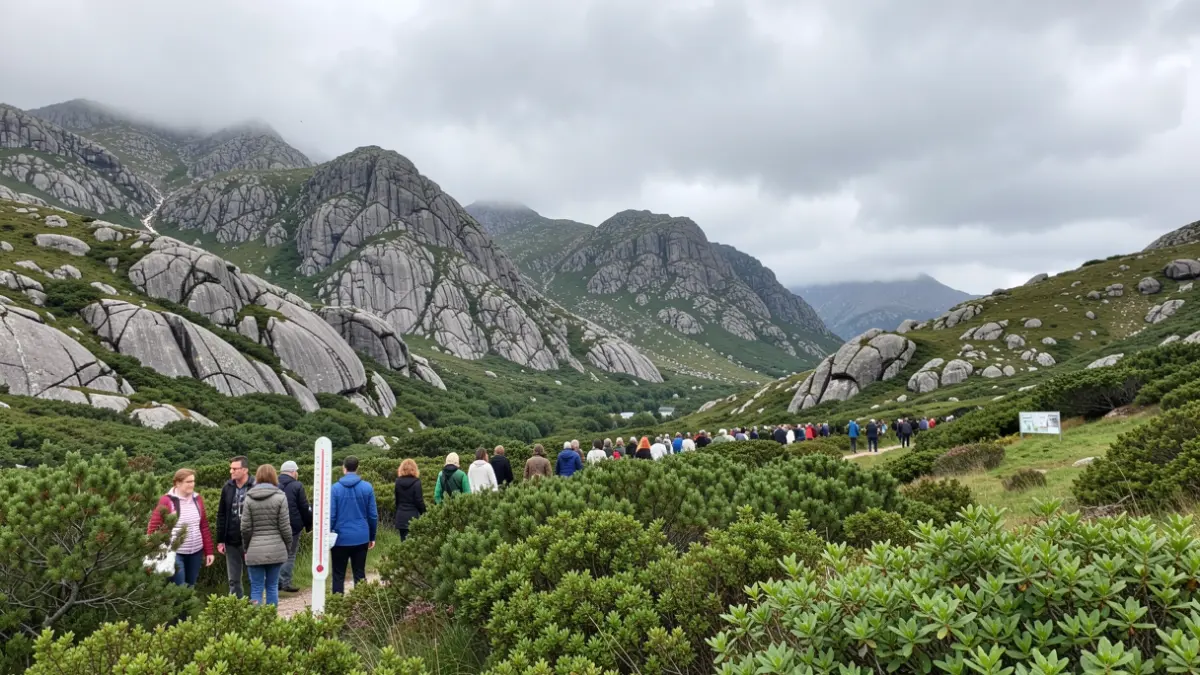 Imagen genérica de un paisaje gallego con montañas de granito y vegetación atlántica bajo un cielo nublado, con un termómetro que marca altas temperaturas.