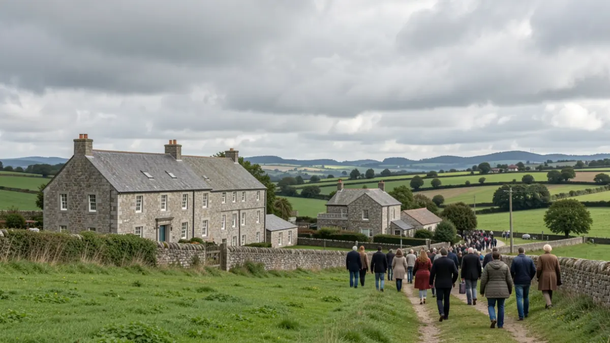 Imaxe xenérica de ceo nubrado sobre o rural galego con casas de granito e campos verdes.