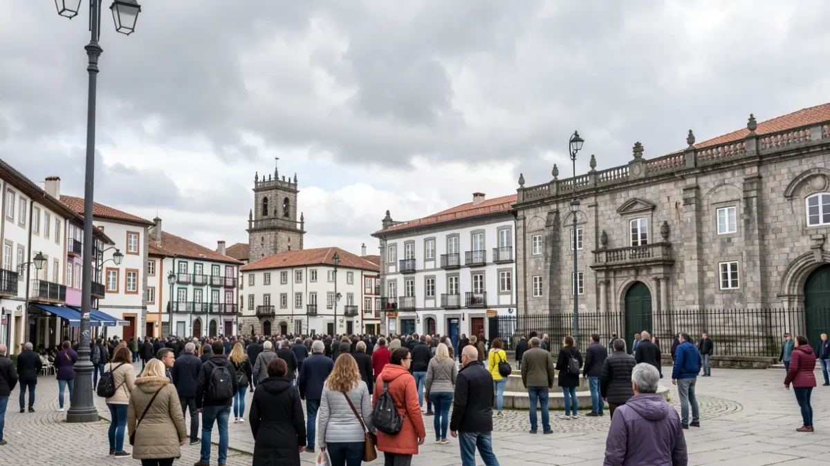 Céu nubrado sobre a cidade de Lugo, con arquitectura de granito de fondo.