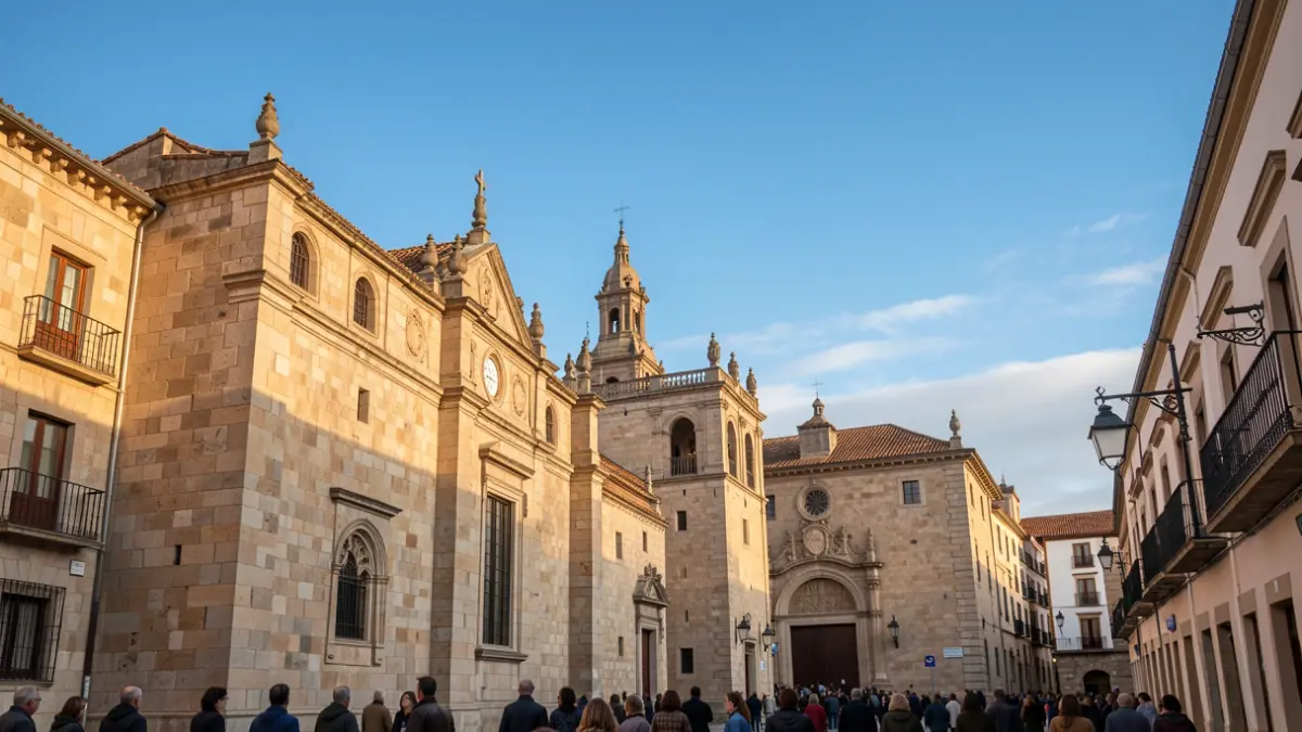 Cea azul e clara sobre os edificios históricos de granito de Santiago de Compostela, con sutil indicio de nubes distantes. A luz cálida do sol ilumina a arquitectura de pedra.
