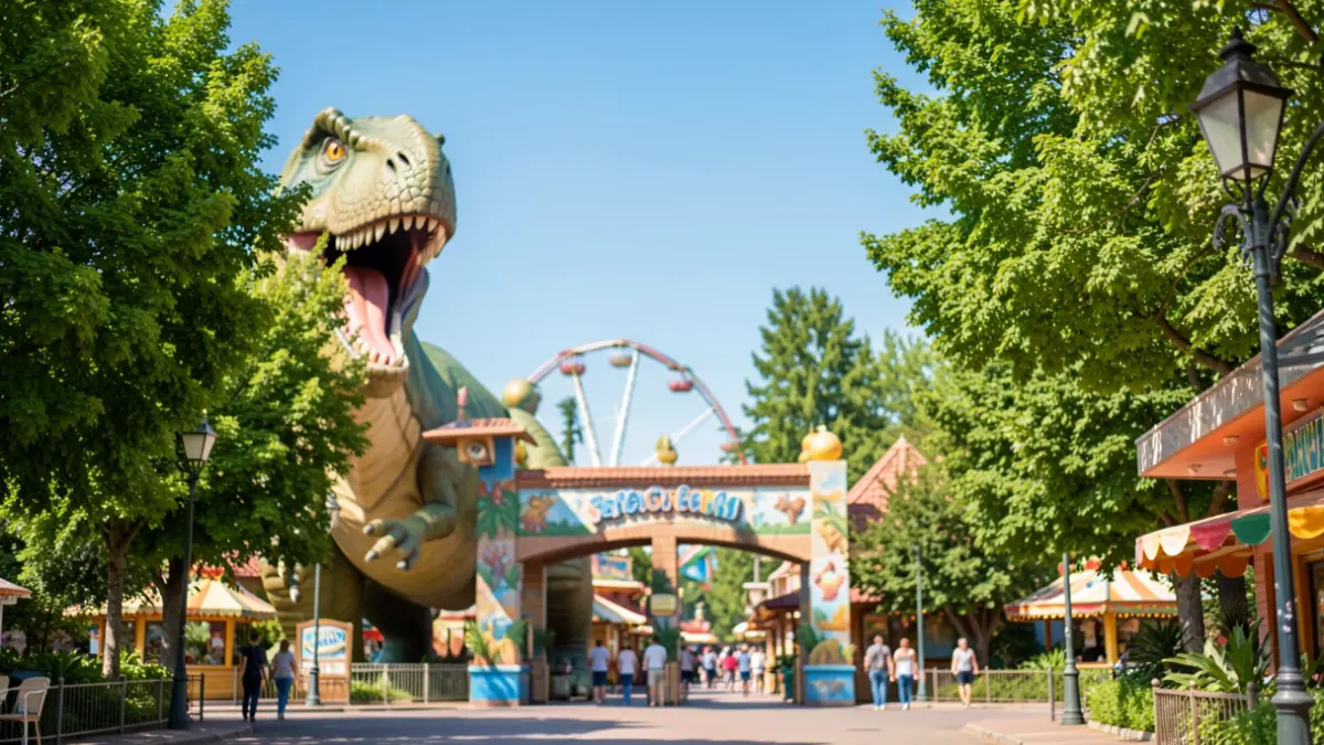 Imaxe xenérica dun parque temático con dinosauros e ambiente festivo.