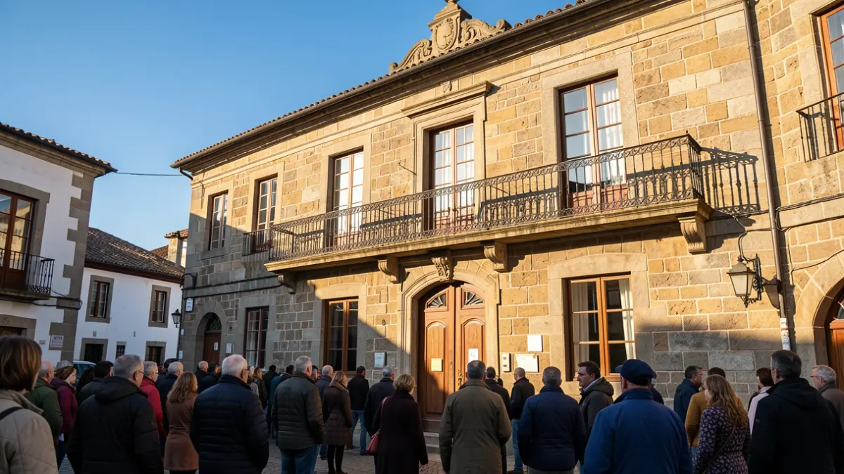 Imaxe xenérica dun concello tradicional galego de pedra con balcón de ferro, á luz da tarde.