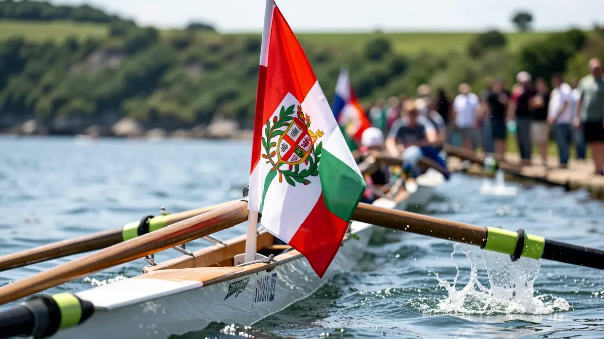 Primeira plana dunha embarcación de remo coa bandeira galega, auga salpicando e a costa verde ao fondo.