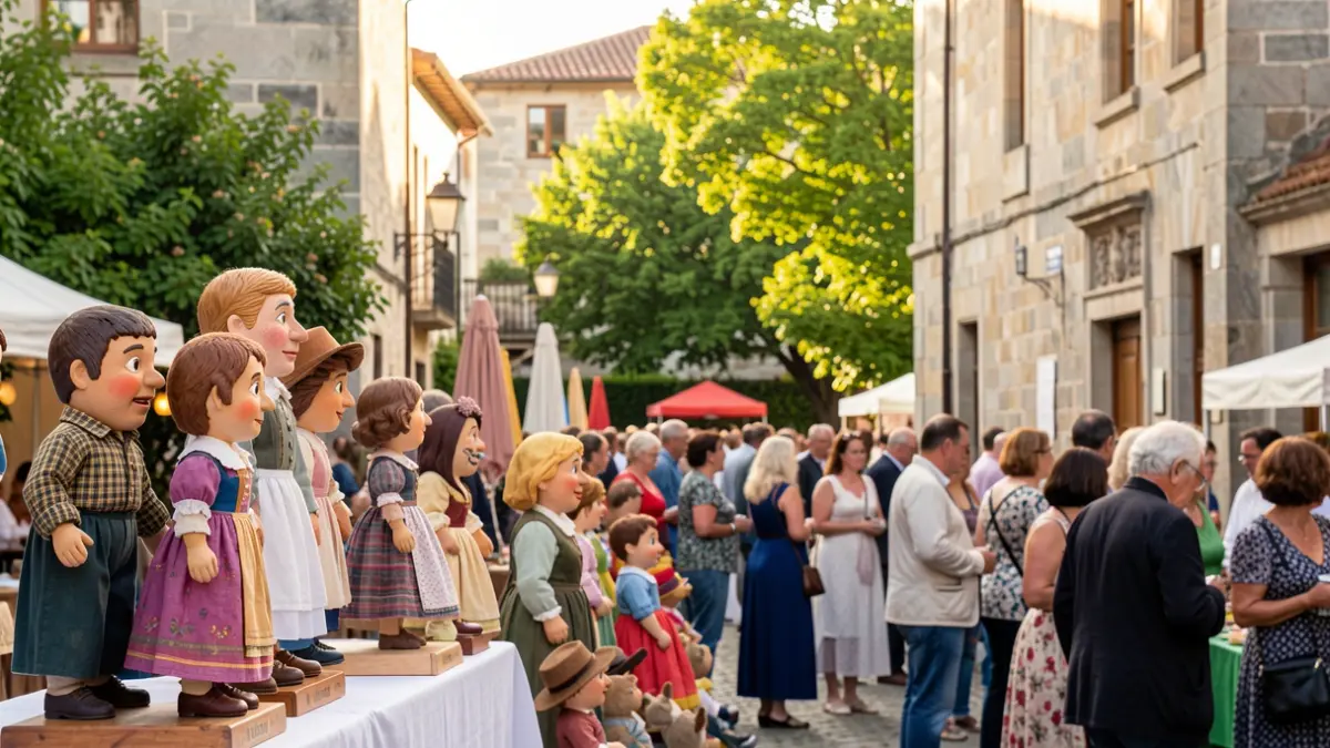 Imagen genérica de títeres en un festival al aire libre en Galicia con arquitectura de granito.