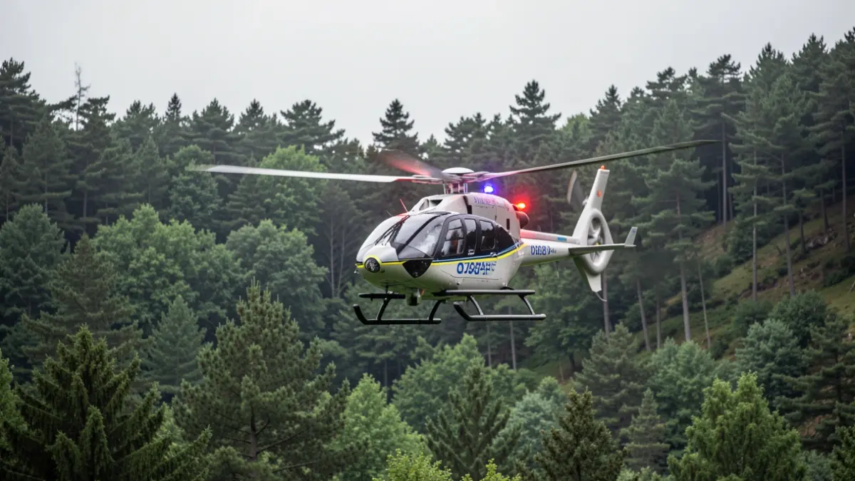 Imagen genérica de helicóptero medicalizado sobre un bosque gallego.