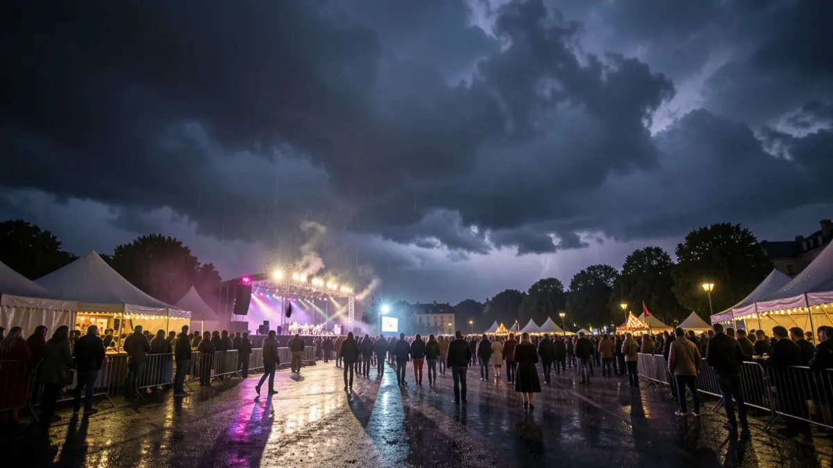 Imaxe dun escenario de festival pola noite cun ceo tormentoso e luces difuminadas.