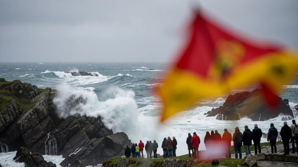 Imagen genérica de olas del mar rompiendo contra una costa rocosa en Galicia con banderas de peligro.