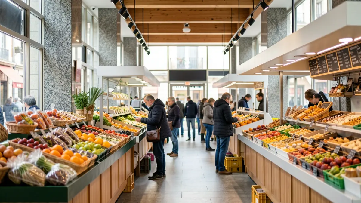 Imagen genérica de un mercado gastronómico moderno en Galicia con puestos de comida y gente.