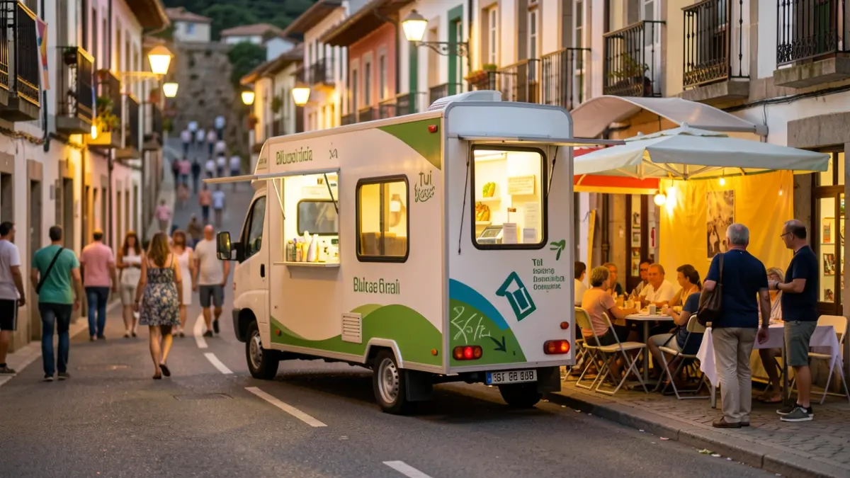 Unidade móbil de doazón de sangue en Tui, Galicia, cunha terraza de verán simbólica.
