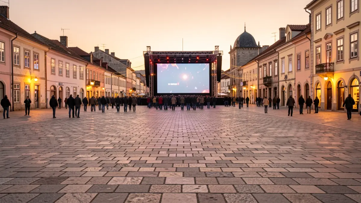 Plaza de Tui preparada para la retransmisión de un partido de fútbol en una pantalla gigante.