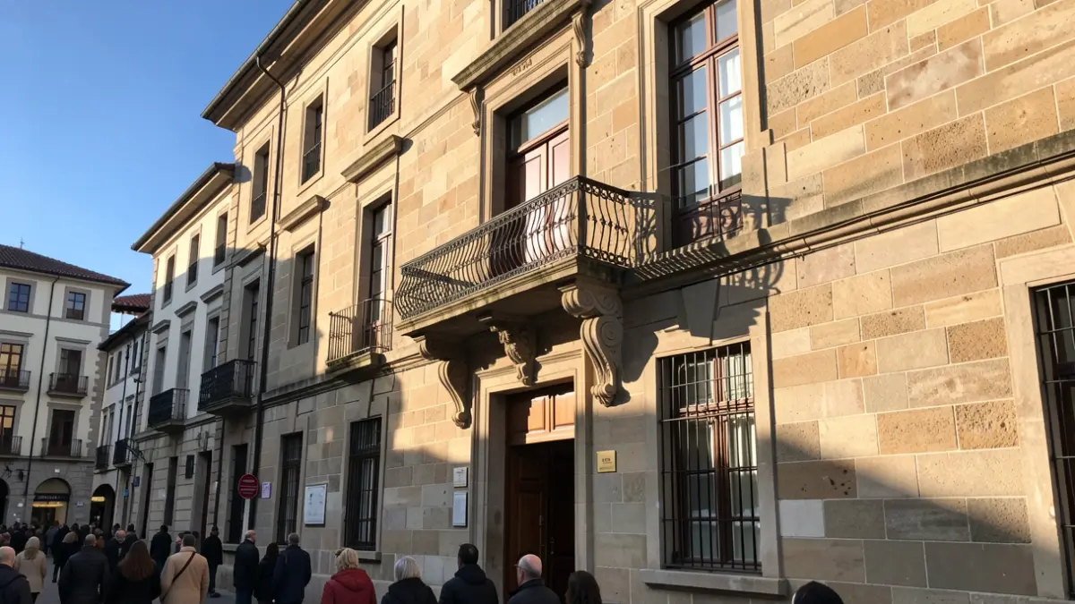 Imaxe xenérica dun concello galego de pedra con balcón ornamentado e raís de ferro, luz solar cálida da tarde, ceo azul.