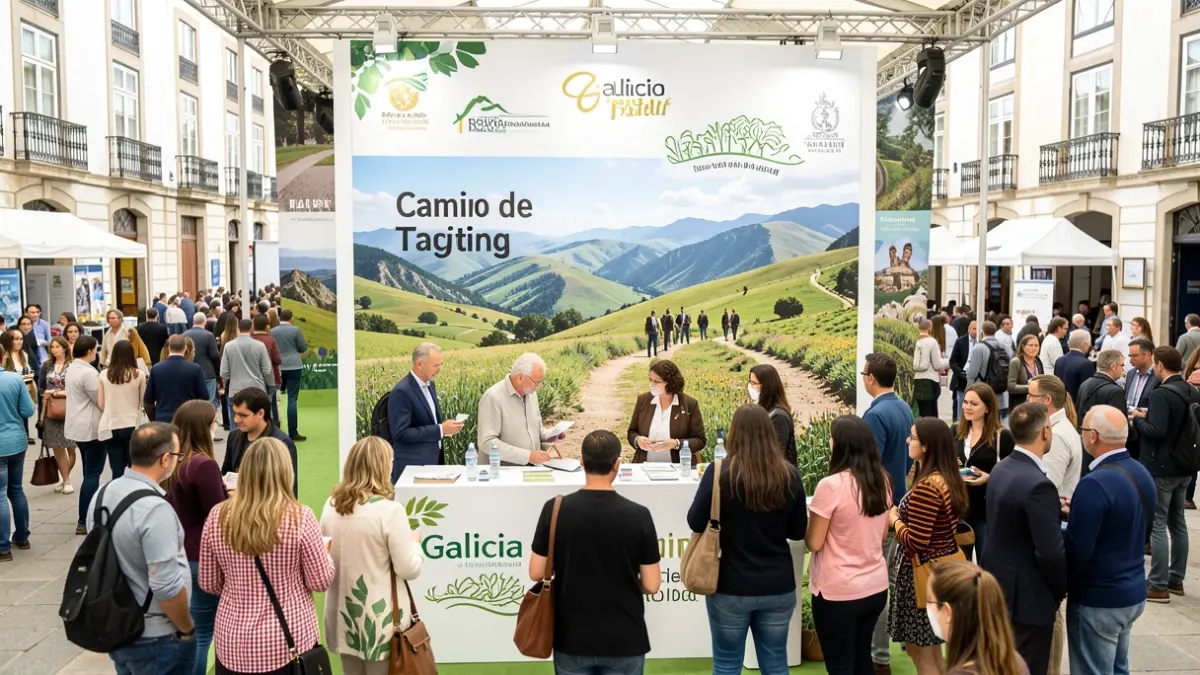 Un stand de turismo de Galicia en la feria Expocatólica en São Paulo, Brasil, promocionando los Caminos de Santiago y el paisaje gallego.