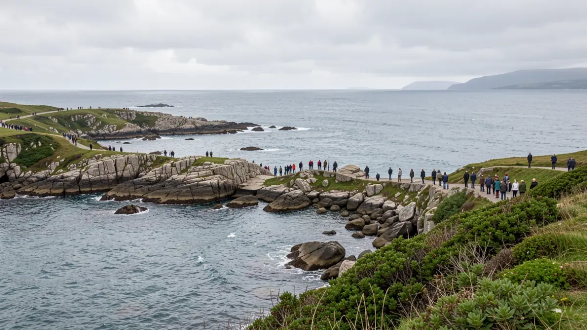 Imaxe xenérica da costa galega con rochas de granito e vexetación verde baixo un ceo nubrado.