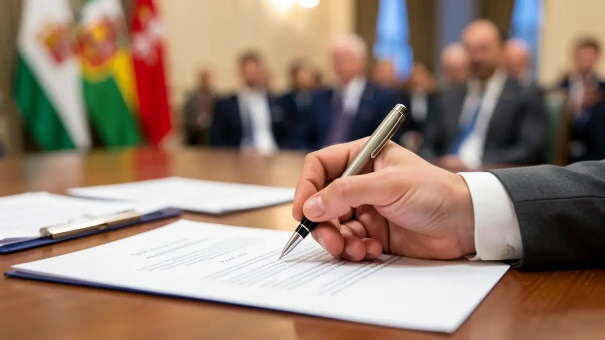 Primeiro plano dunha man cun bolígrafo a piques de asinar un documento oficial.
