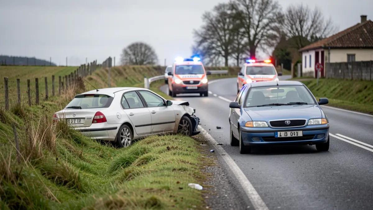 Imagen de un accidente de tráfico con un coche fuera de la vía en una carretera rural de Galicia.