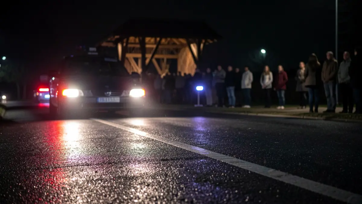 Imagen de una escena de emergencia nocturna con luces reflejadas en el suelo.
