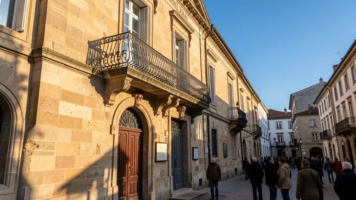 Imaxe xenérica dun concello de pedra galego con balcón de ferro, á luz do sol da tarde.