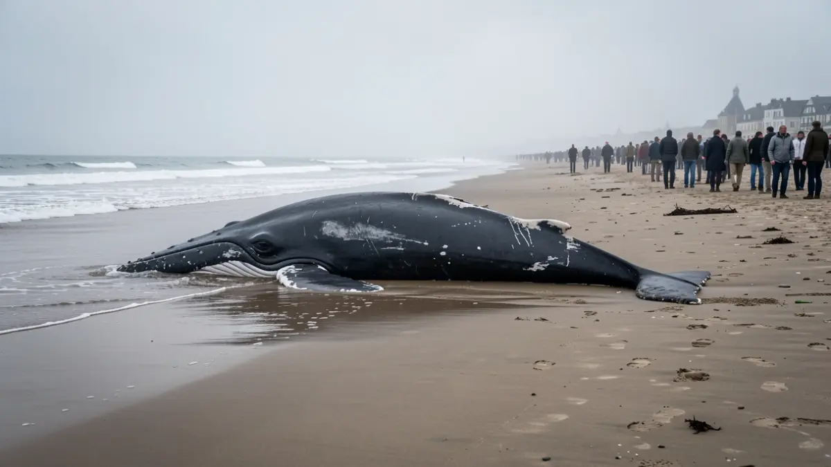 Imagen de una ballena varada en un arenal gallego en un día nublado.