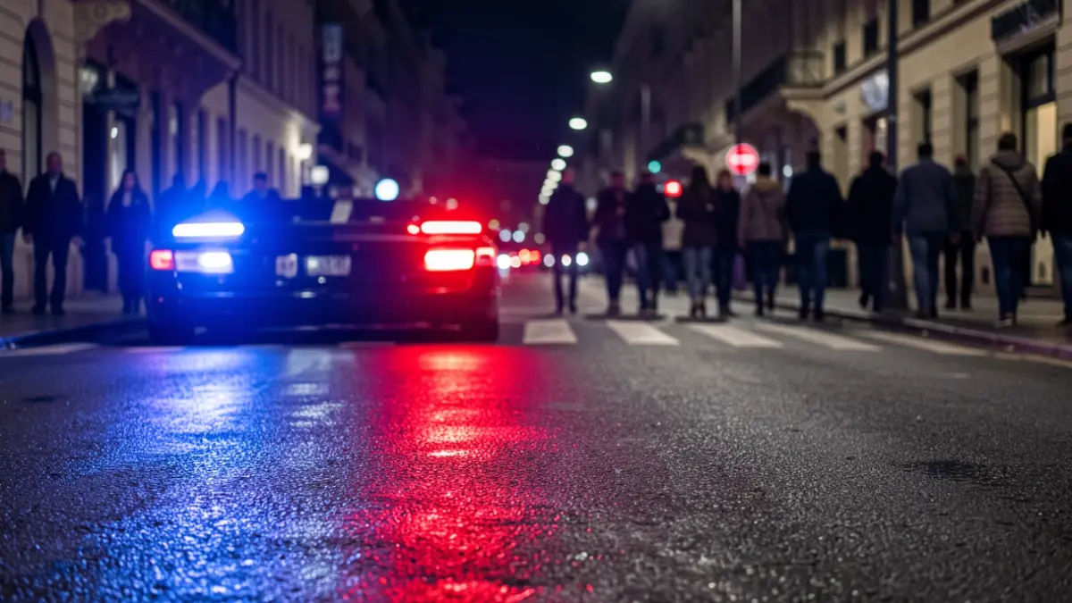 Imagen genérica de luces de emergencia reflejadas en el asfalto durante la noche.