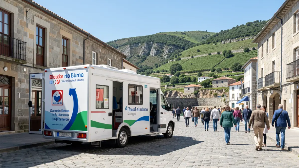 Imaxe xenérica dunha unidade móbil de doazón de sangue nunha vila costeira galega.