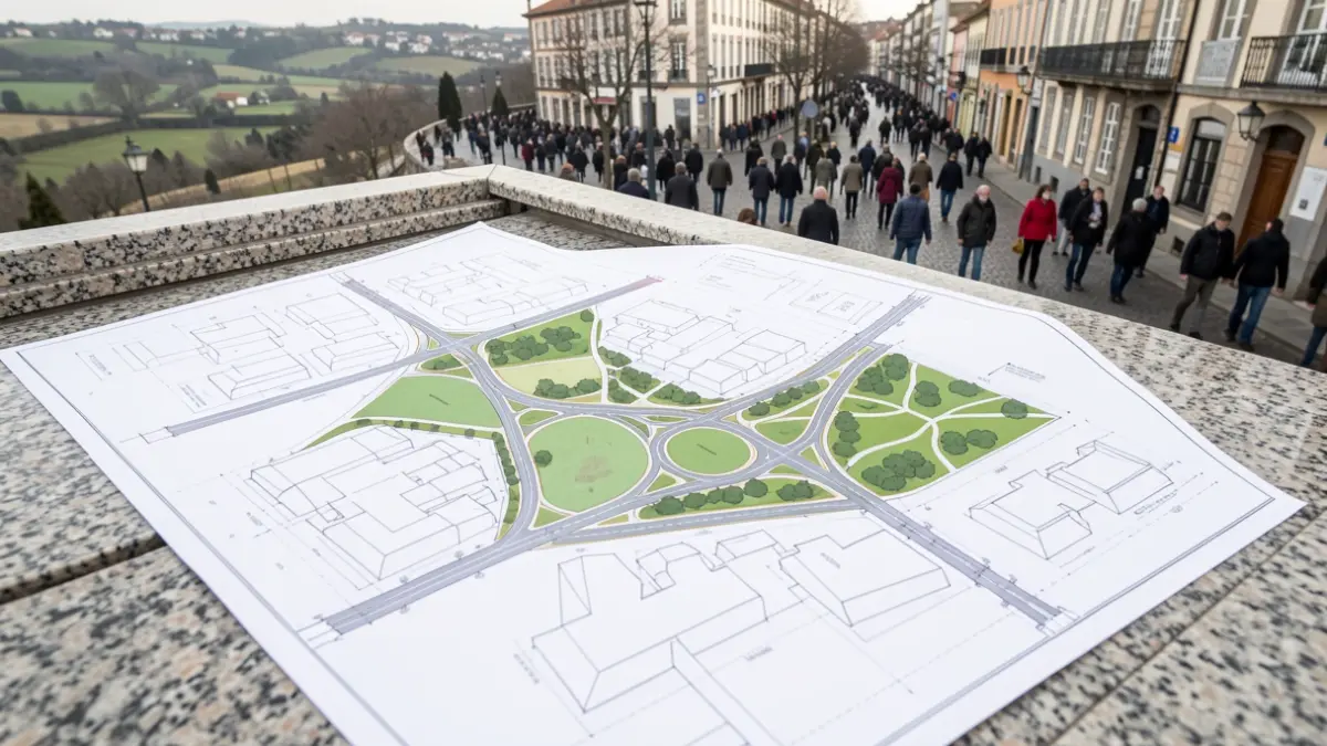 Imaxe xenérica de planos de urbanización sobre fondo de granito galego.