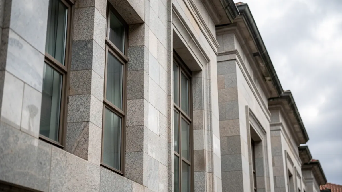 Imaxe xenérica dun edificio universitario con detalles de granito baixo un ceo nubrado galego.